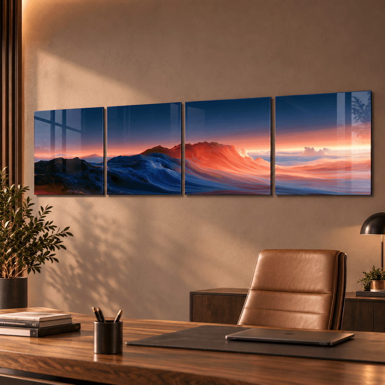 4-piece abstract sunset wall art above a walnut desk in a home office